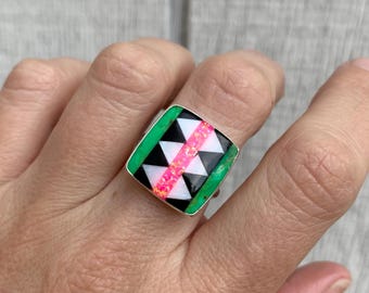 Square Cushion Cut Green Turquoise Pink Opal White Mother of Pearl and Black Onyx Inlay Stone Ring | Retro Ring | Vintage Jewelry