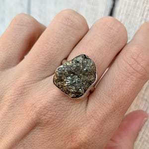 Raw Geode Druzy Golden Pyrite Sterling Silver Statement Ring Size | Geode Ring | Geometric Pyrite Ring | Raw Stone Ring | Size 9.75-10.25