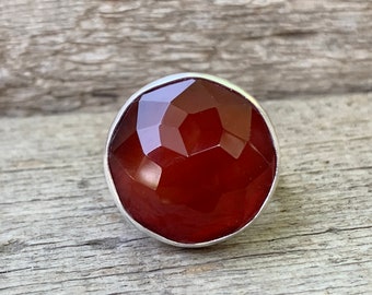 Elegant Statement Faceted Cube Cut Rose Cut Blood Red Round Carnelian Ring in Sterling Silver | July Birthstone | Red Gemstone Ring