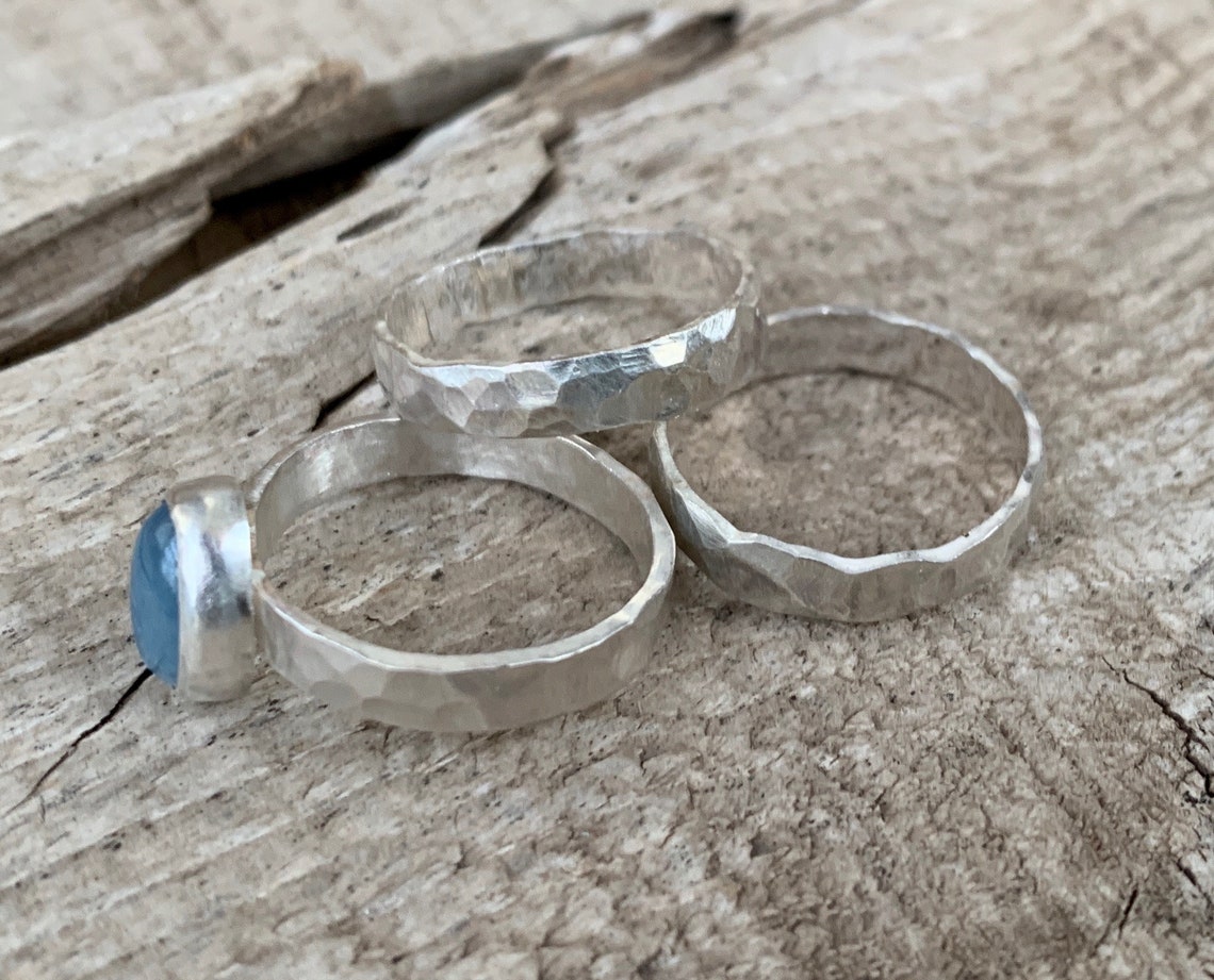 Elegant Oval Blue Aquamarine Hammered Band Trio Sterling - Etsy