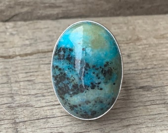 Large Oval MultiColored Blue Green Black Jasper Sterling Silver Ring | Multi Colored Stone Ring | Boho | Made to Order