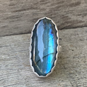 Large Oval Bright Blue Flash Labradorite Sterling Silver Ring with Scallop Setting Large Oval Blue Stone Ring Protection Stone Size 7 image 2