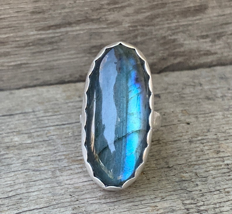 Large Oval Bright Blue Flash Labradorite Sterling Silver Ring with Scallop Setting Large Oval Blue Stone Ring Protection Stone Size 7 image 2