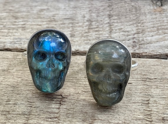 Carved Labradorite Skull Rings Carved Labradorite Skull Rings