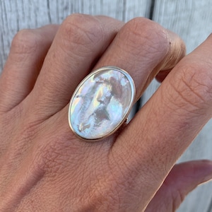 Boho Chic White Oval Mother of Pearl Ring in Sterling Silver Mermaid Jewelry Boho Shell Ring June Birthstone White Stone Ring image 1