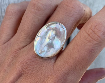 Boho Chic White Oval Mother of Pearl Ring in Sterling Silver | Mermaid Jewelry | Boho | Shell Ring | June Birthstone | White Stone Ring