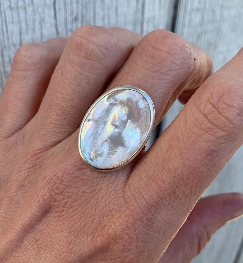Boho Chic White Oval Mother of Pearl Ring in Sterling Silver Mermaid Jewelry Boho Shell Ring June Birthstone White Stone Ring image 1