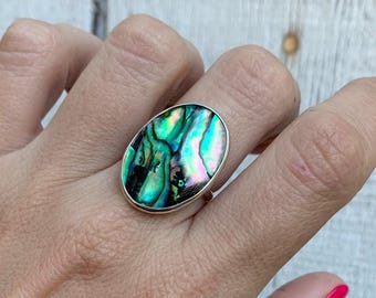 Oval Blue Green Pink Paua Shell Elegant Sterling Silver Ring | Beachy | Paua Shell Ring | Mermaid Jewelry | Abalone Shell Ring