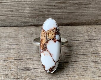 Ovale witte en bruine wild paard Jasper ring 7-7,5 | Rechthoekige witte en bruine ring | Boho | Kussen gesneden Jasper Ring | Cadeaus voor haar