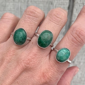 Raw Cut Faceted Oval Green Emerald Sterling Silver Ring | Green Stone Ring | May Birthstone | Taurus Birthstone | Made to Order