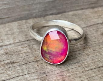 Magenta Pink Faceted Aurora Opal Quartz Doublet Sterling Silver Ring | Solitaire Ring | October Birthstone | Blue Ring | Size 7.25-8.25