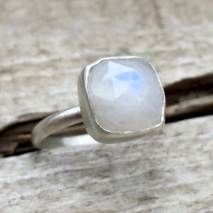Romantic Faceted Cushion Cut White Moonstone Boho Sterling Silver Ring | June Birthstone Ring | Statement Ring | Geometric Moonstone Ring