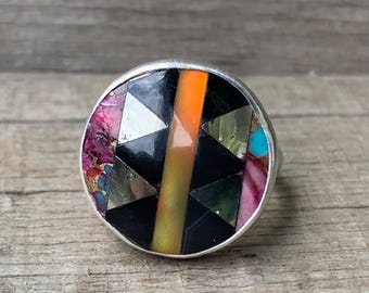 Round Inlay Turquoise Aurora Opal Black Onyx Purple Copper Turquoise Sterling Silver Ring | Inlay Stone Ring | 90's Jewelry | Retro Vibe