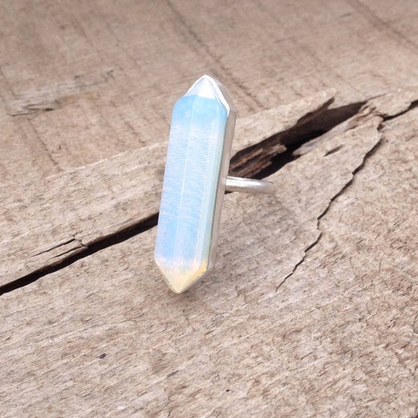 Rocker Hexagon Light Blue Opal Opalite Wand Double Terminated Point Ring in Sterling Silver