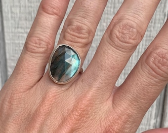Large Free Form Faceted Rainbow Labradorite Sterling Silver Statement Ring | Size 6.75-775 | Gifts for Her | Protection Stone Ring | Boho