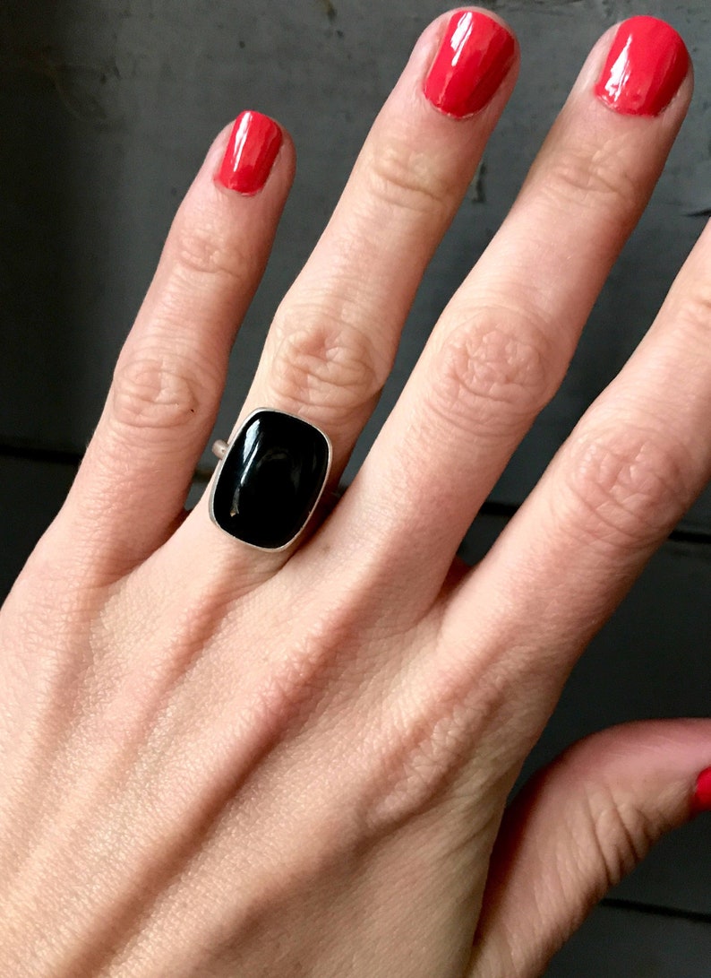 Large Cushion Cut Black Onyx Sterling Silver Ring Onyx Ring Rocker Edgy Gifts for Her Black Gemstone Ring Made to Order image 1