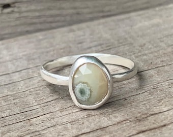 Dainty Faceted Cream Spotted Ocean Jasper Sterling Silver Ring Sizes 9.5-10.5 | Unique Stone Ring | Jasper Ring | Gifts for Her