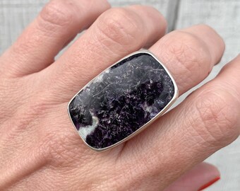 Large Rectangle Cushion Cut Dark Purple and White Lepidolite Sterling Silver Ring | Dark Purple and White Stone Ring |