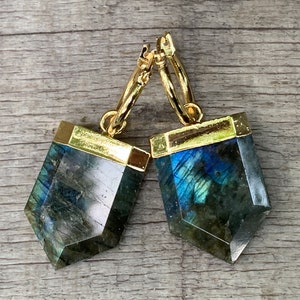 Labradorite Shield Gold Electroplated Statement Earrings | Gemstone Geometric Earrings | Gold Plated Earrings | Boho | Dangle Earrings