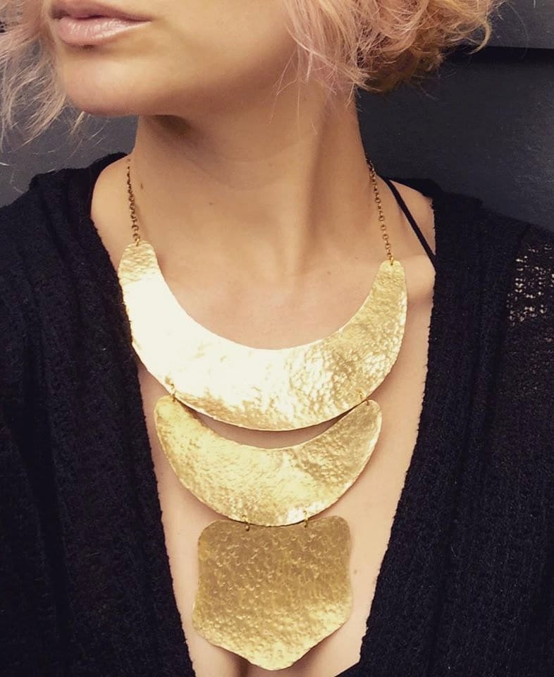 Large Boho Chic Gypsy Statement Hammered Golden Crescent Brass Bib
