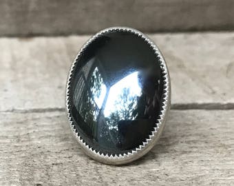 Large Oval Gray Reflective Hematite Serrated Setting Sterling Silver Ring | Boho | Rocker | Edgy | Hematite Ring | Gifts for Her