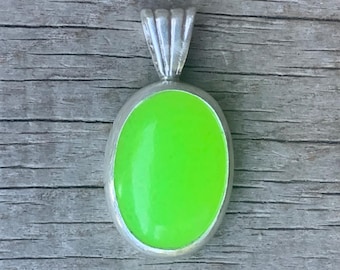 Oval Neon Green Jadeite Sterling Silver Pendant | Green Stone Necklace | Rare Stone Necklace | Silver Necklace