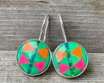 Edgy Neon Green Turquoise Opal Orange and Pink Agate Sterling Silver Dangle Earrings | Multi Stone Earrings | Silver Earrings | Retro Vibe