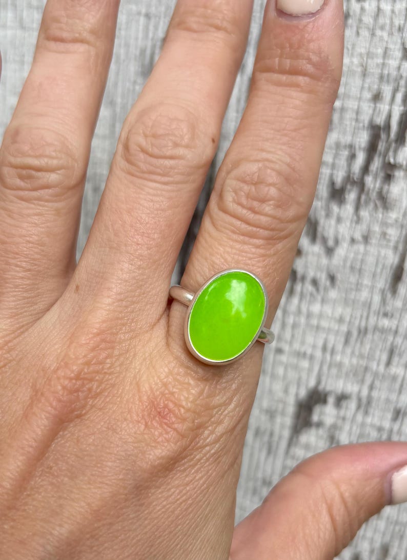 Made to Order Large Oval Neon Green Jadeite Sterling Silver Ring | Made to Order | Green Stone Ring | Jade Ring | Boho | 90s Jewelry image 7