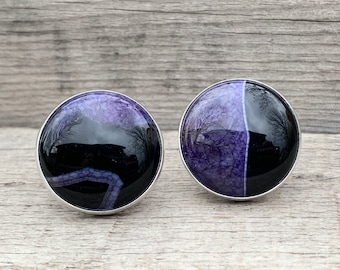 Superbe bague en argent sterling avec agate druzy intérieure noire et violette | Bague Druzy | Bague avec pierres précieuses violettes et noires | Cadeaux pour elle