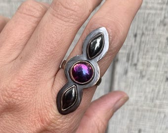 Tri Stone Hematite Sterling Silver Statement Ring Size 8.75 | Stacked Stone Ring | Boho | Edgy Gunmetal Ring | Edgy Ring