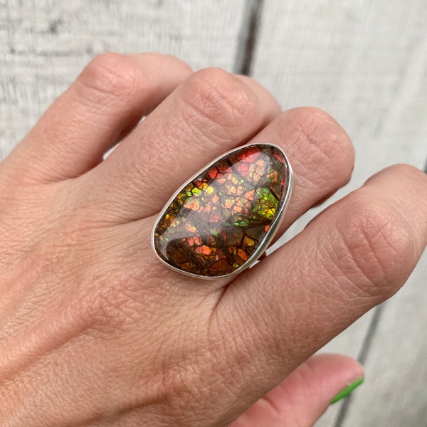 Geometric Free Form Neon Colors Ammolite Sterling Silver Ring | Fossil Stone Ring | Boho | Size 9-9.5 | Rare Stone Ring | Neon Gemstone