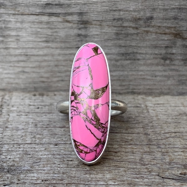 Pink Howlite Copper Turquoise Sterling Silver Ring | Hot Pink Stone Ring | Pink Turquoise Ring | Edgy Jewelry | Pink Stone Ring