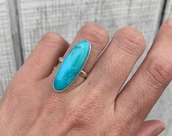 Long Oval Bright Blue Tibetan Turquoise Sterling Silver Ring | Boho | Made to Order | December Birthstone Ring | Gifts for Her