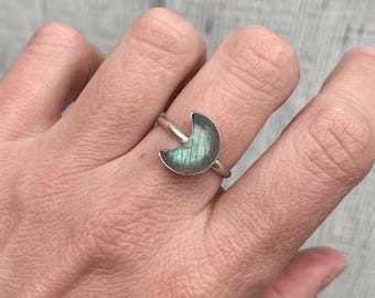 Elegant Boho Chic Half Moon Crescent Labradorite or Moonstone Sterling Silver Ring | Moon Ring | Moonstone Ring | Celestial Jewelry