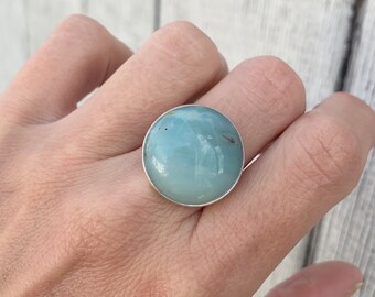 20mm Round Light Blue Amazonite Sterling Silver Solitaire Ring | Large Round Blue Stone Ring | Boho | Gifts for Her | Silver Ring