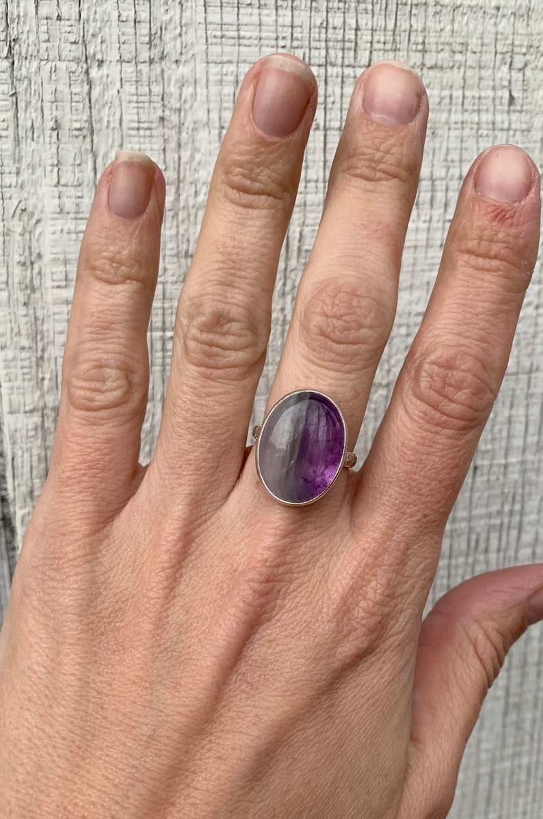 Amethyst Ring Boho Healing Crystal One of a Kind White and Purple Lace Amethyst Sterling Silver Ring with Patterned Ring Band