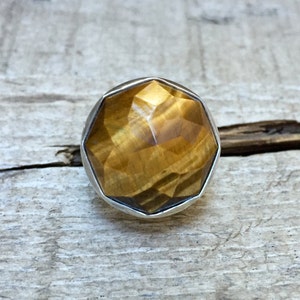 Elegant Octagon Brown Gold Tiger&#39;s Eye Geometric Statement Ring | Faceted Tiger&#39;s Eye Ring | Boho Ring | Statement Ring | Gifts for Her
