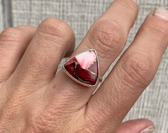 Geometric Triangle Rose Red Pink Copper Turquoise Sterling Silver Ring | Red Stone Ring | Boho | Southwest Vibes | Size 9-10
