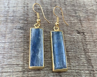 Large Rectangle Pearly Blue Kyanite Gold Plated Dangle Earrings | Kyanite Earrings | Cleansing Stone Earrings | Boho | Gifts for Her