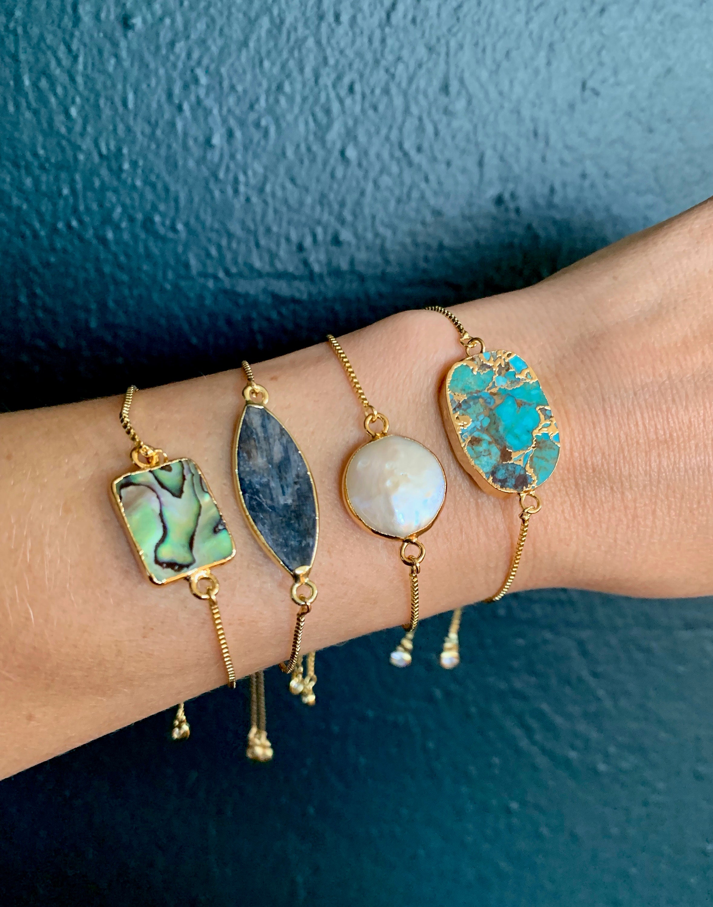 Push Toggle Gold Plated Abalone, Kyanite, Mother of Pearl, Turquoise Adjustable Bracelet Mermaid Jewelry Gemstone Bracelet Boho