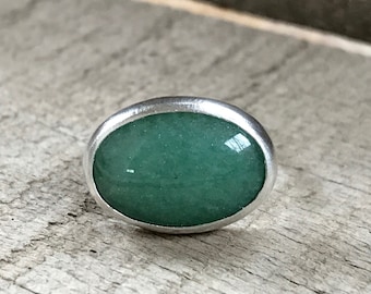 Elegant Oval Emerald Green Aventurine Statement Sterling Silver Ring | Aventurine Ring | Green Gemstone Ring | Silver Ring | Solitaire Ring