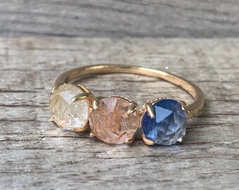14 Karat Gold Plated Rutilated Quartz Ring Size 8 | Multi Stone Ring | Quartz Ring | Gold Ring | Stacking Ring