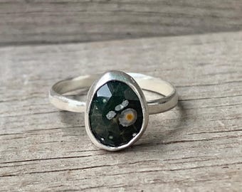 Dainty Faceted Black and Spotted Ocean Jasper Sterling Silver Ring Sizes 6.75-7.75