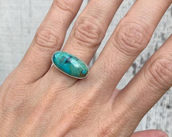 Oval Horizontal Set Natural Tibetan Turquoise Ring | Made to Order Jewelry | December Birthstone | Gifts for Her | Blue Stone Ring