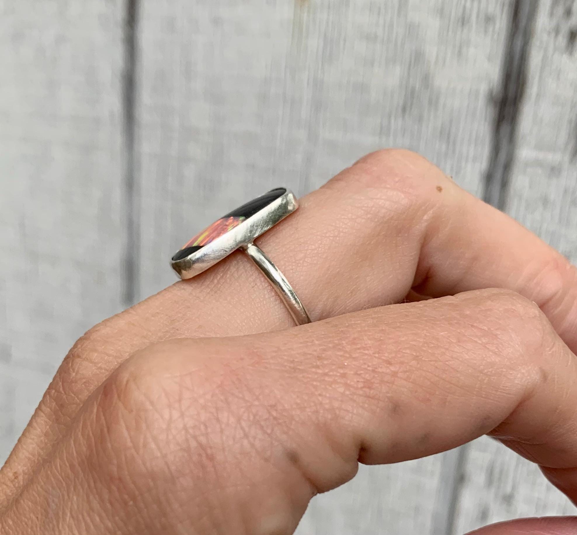 iolom Broken Stone Ring − Parallel − 26号 Cushion Cut Pink Coral Bello Opal and Ceramic Inlay Stone Sterling