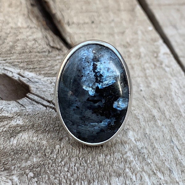 Stunning Unique Large Oval Larvikite Black Grey Silver Statement Sterling Silver Ring | Black Moonstone Ring | Boho | Feldspar Ring