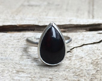 Minimalist Teardrop Pear Shape Black Onyx Sterling Silver Elegant Dainty Ring | Onyx Ring | Goth | Boho | Rocker | Elegant Ring