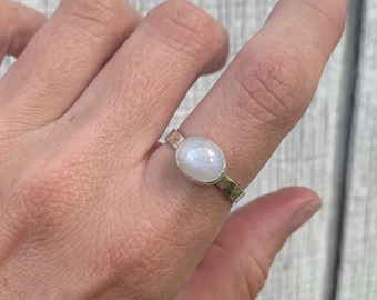 Oval Moonstone Sterling Silver Hammered Band Ring | Engagement Ring | Boho | Made to Order | Chalcedony Howlite Prehnite Ring