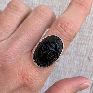 Vintage Glass Black Carved Egyptian Scarab Sterling Silver Ring | Egyptian Ring | Good Luck Ring | Bug Ring | Boho