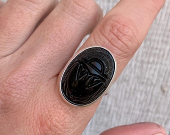 Vintage Glass Black Carved Egyptian Scarab Sterling Silver Ring | Egyptian Ring | Good Luck Ring | Bug Ring | Boho